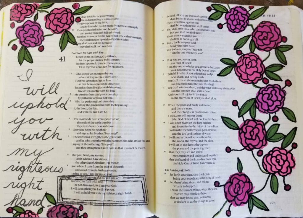 picture of open Bible with sample of Bible journaling for post Bible journaling: what it is, how to start and the benefits of