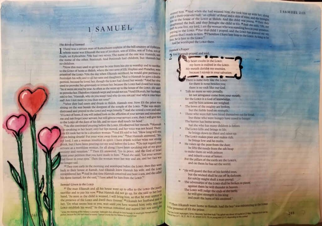 Open Bible highlighting 1 Samuel 2:1 with art Bible journaling for post Bible journaling: what it is, how to start and the benefits of
