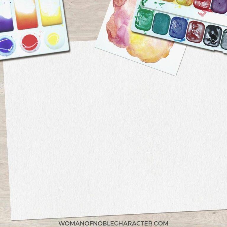 image of large sheet of white paper and watercolor paints for the post Techniques For Bible Journaling For Free or Inexepensively