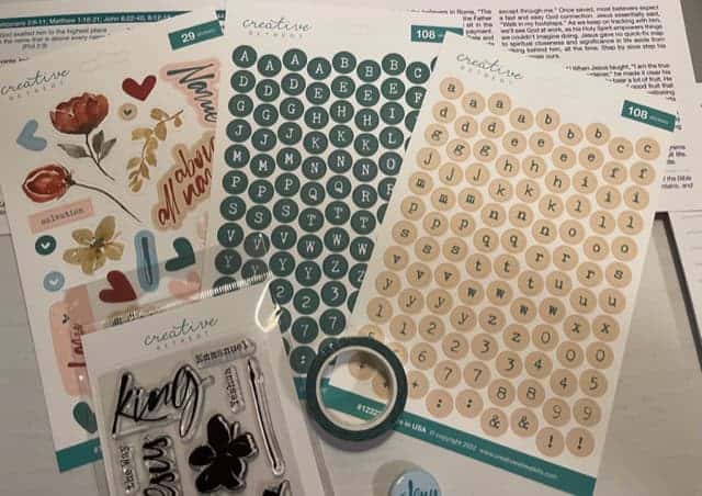 contents of Creative Retreat kit used on Bible journaling page for spiral Bible