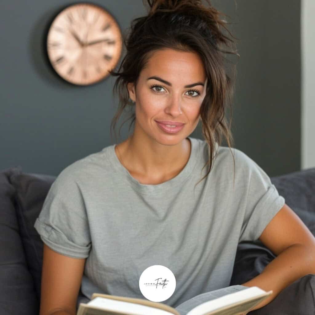 a woman on a couch holding a book and a clock on the wall behind her