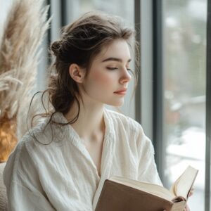 A modern woman sits quietly by a large window in natural light, holding an open Bible in her lap, lost in peaceful reflection, symbolizing the meaning of “Be Still and Know That I Am God.”