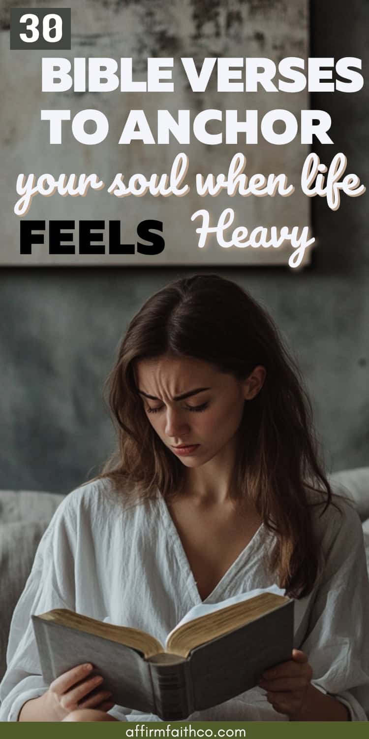 Young woman sitting on a bed reading the Bible with a burdened expression, reflecting on encouraging Bible verses for hard times to find peace and strength in her faith.