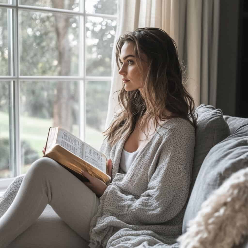 Woman sitting peacefully on a gray sofa in a soft, upscale living room, reading an open Bible near a large window with natural light streaming in—reflecting on encouraging Bible verses for hard times.