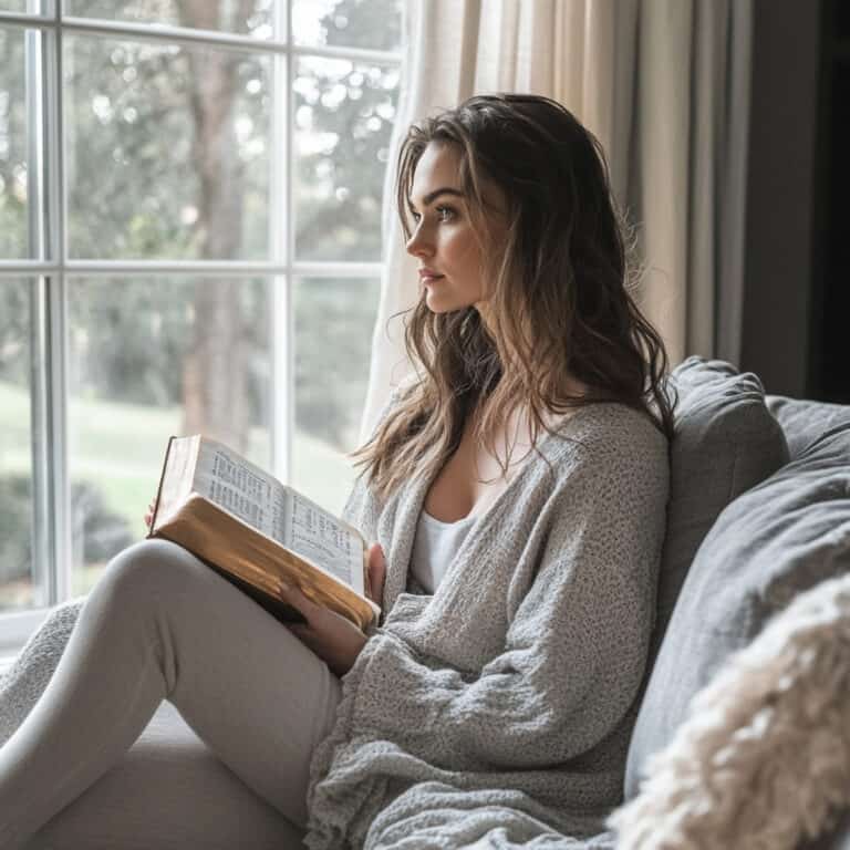 Woman sitting peacefully on a gray sofa in a soft, upscale living room, reading an open Bible near a large window with natural light streaming in—reflecting on encouraging Bible verses for hard times.
