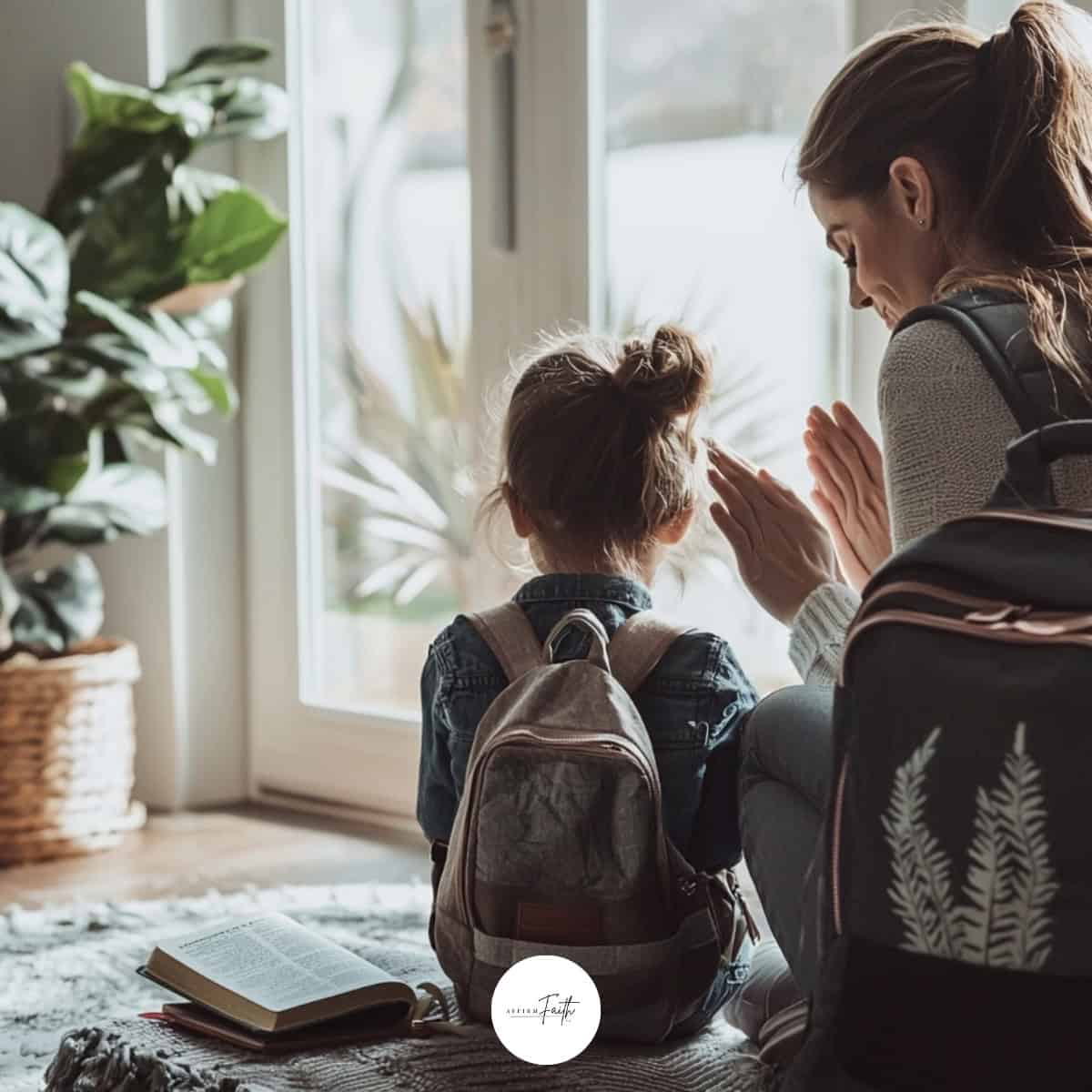 Mother and daughter sit in prayer by the front door before school, with the child wearing a backpack and an open Bible on the floor, surrounded by soft morning light and cozy, minimalistic home decor.