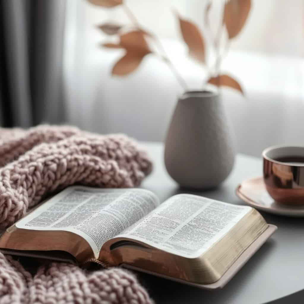 Open Bible on a modern gray table with a rose gold coffee cup, cozy blush knit blanket, and neutral vase with dried leaves in soft morning light.