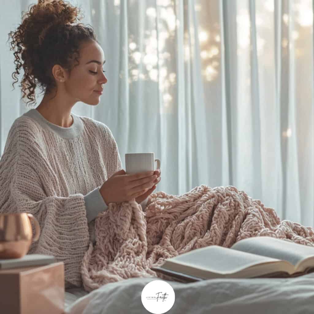 Woman enjoying a peaceful Christian morning routine wrapped in a blush knit blanket, holding a white mug with an open Bible and journal nearby, sitting in a modern, softly lit bedroom with gray and rose gold accents.