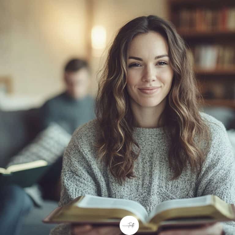 Smiling woman holding an open Bible in a cozy living room, preparing to lead a Bible study with others in the background — warm, welcoming, faith-filled atmosphere