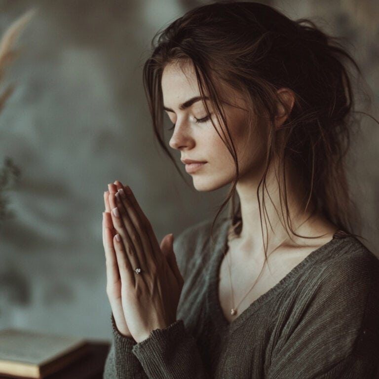A modern woman in quiet, confident prayer, standing with eyes closed and hands clasped in a minimal, upscale space with warm gray tones and rose gold accents, symbolizing faith, trust, and spiritual boldness.
