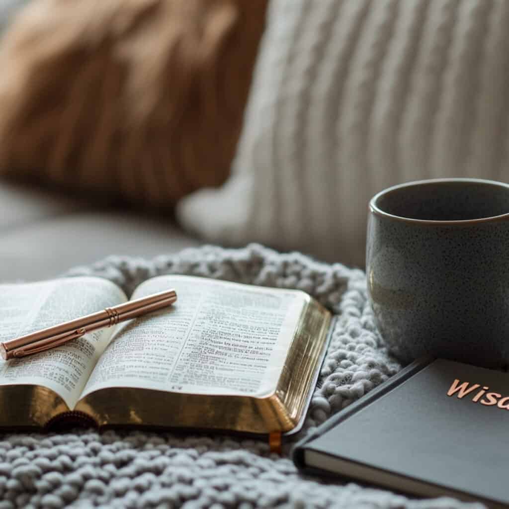 Flat lay of an open Bible with a rose gold pen resting on its pages, a gray ceramic mug, and a black journal titled “Wisdom” on a chunky gray knit blanket, styled on a cozy couch with neutral pillows—perfect for a peaceful Proverbs devotional moment.