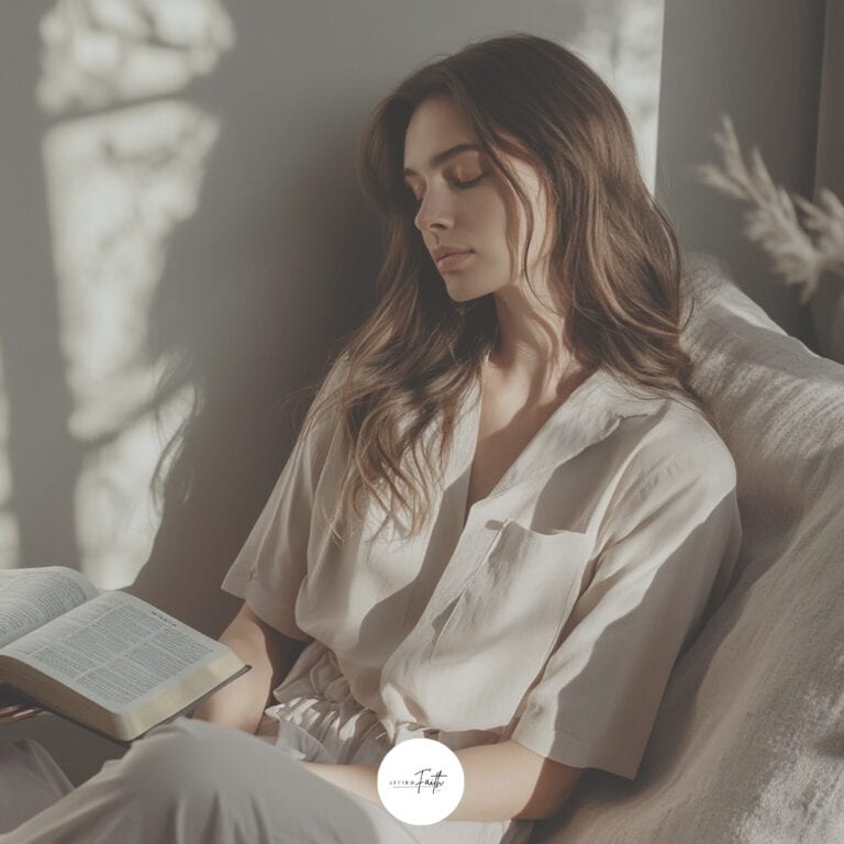 Brown-haired woman sitting quietly in soft natural light, reflecting while holding an open Bible in her lap, dressed in neutral-toned clothing on a cream sofa, symbolizing stillness and faith during a season of God's silence