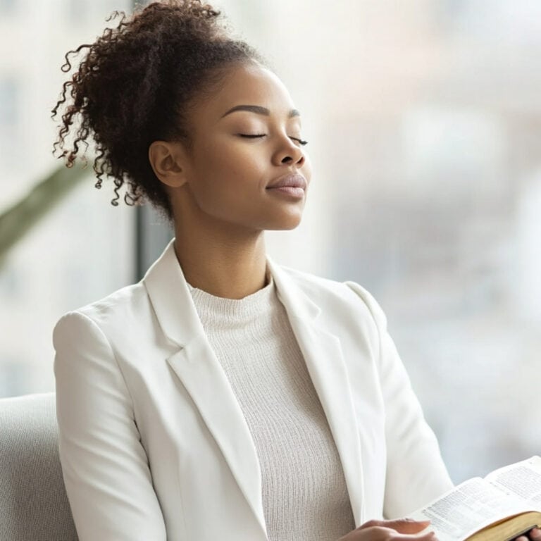 Black woman in a white blazer sitting peacefully with eyes closed, holding an open Bible in a modern office setting, reflecting spiritual strength at work