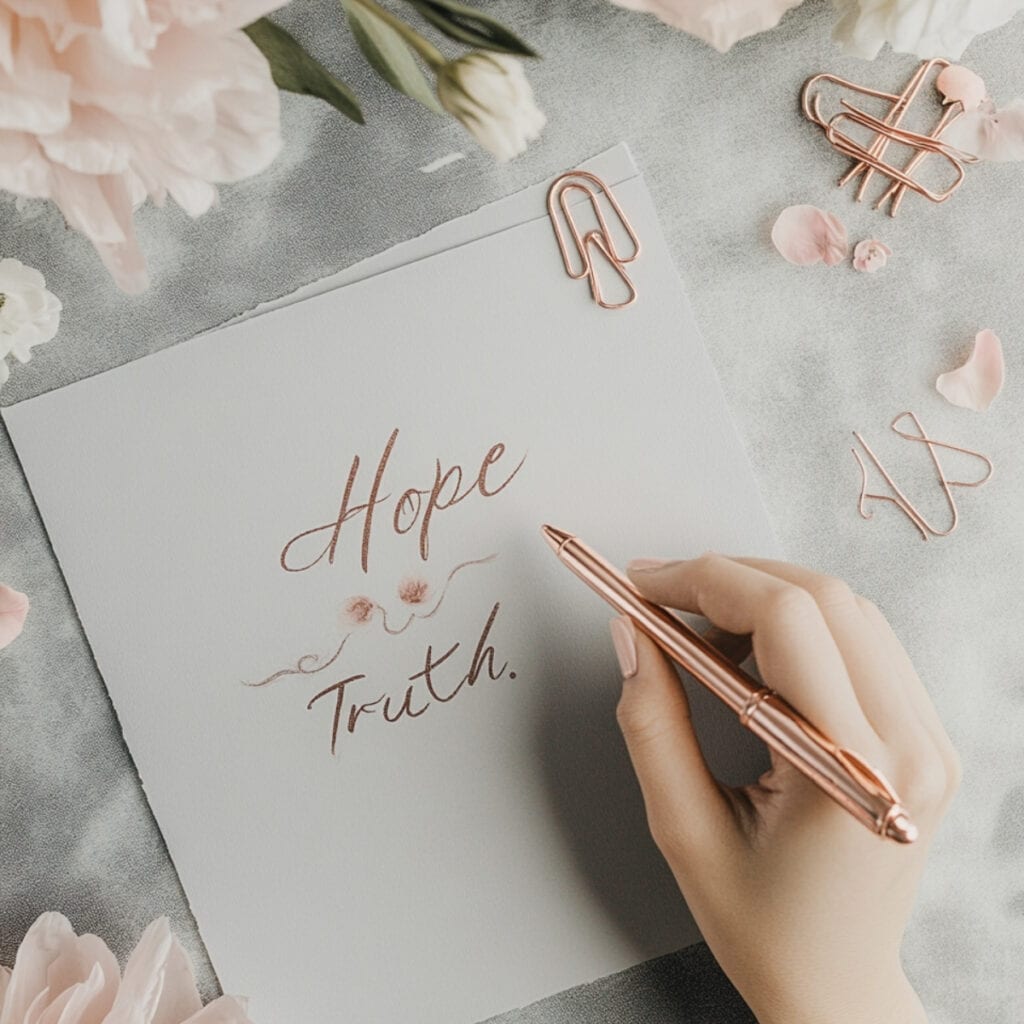 Feminine hand using rose gold pen to write ‘Hope’ and ‘Truth’ in elegant hand lettering on white paper, styled with blush florals and rose gold paper clips on gray fabric background.”