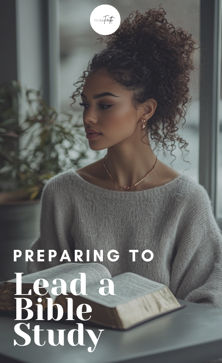 Young woman prayerfully preparing to lead a Bible study, sitting at a table with an open Bible, symbolizing Spirit-led faith and devotion.