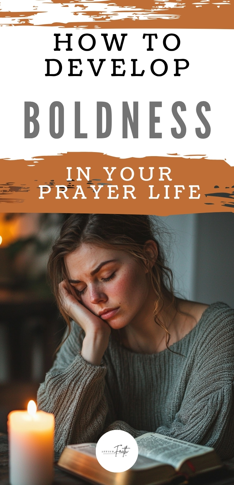 Young woman sitting in quiet reflection with eyes closed, resting her head on her hand while praying beside an open Bible and a lit candle, symbolizing a deep and emotional moment of developing boldness in prayer.