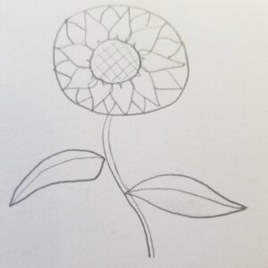 Pencil drawing of a sunflower for Bible journaling with crosshatch shading added to the center, detailed leaves, and layered petal design