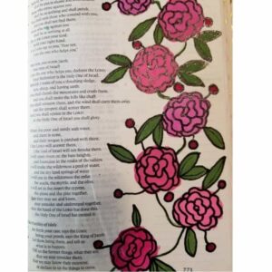 Bible journaling page decorated with vibrant pink carnations outlined in black and green leaves, beautifully arranged along the margin of Isaiah 41 — a creative floral illustration for faith-based art