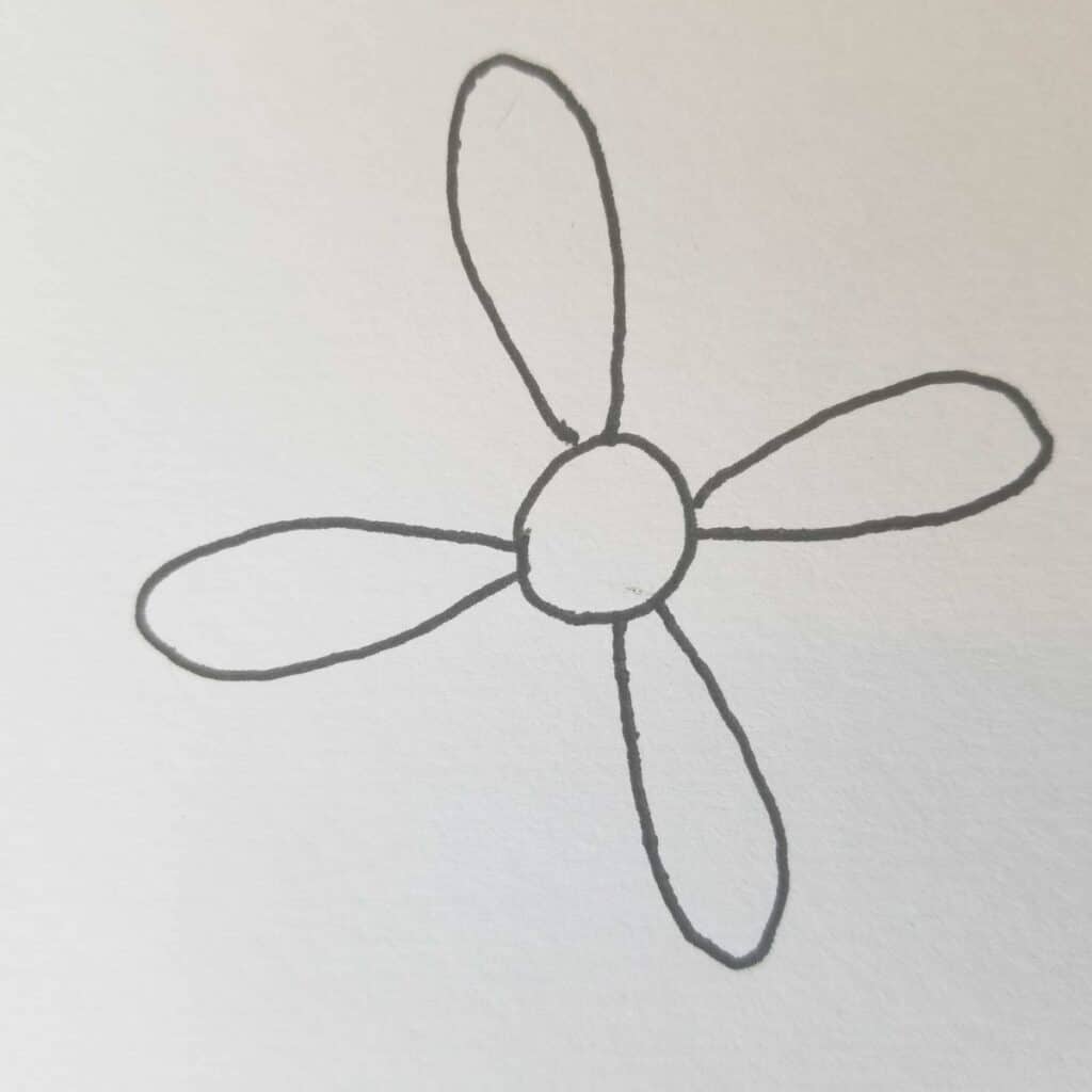Bible journaling daisy drawing in progress, showing four oval petals evenly spaced around a central circle, sketched in pencil