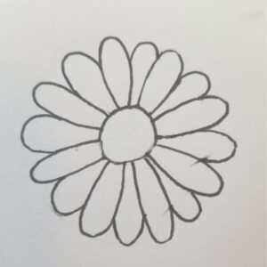 Finished pencil sketch of a daisy for Bible journaling, featuring a round center and multiple evenly spaced oval petals forming a full flower shape