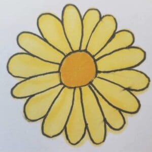 Colored Bible journaling drawing of a daisy with bright yellow petals and a vibrant orange center, outlined in black for a bold floral design