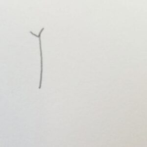Simple pencil sketch of the beginning structure for a dandelion drawing, showing a single vertical stem with a small Y-shaped branch at the top — step one in creating a dandelion for Bible journaling.