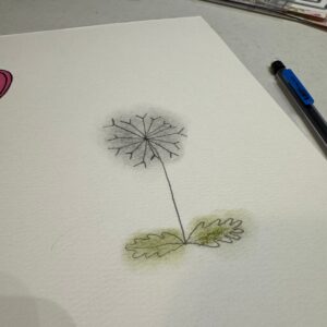 Lightly shaded dandelion drawing with soft black and green coloring on the seed head and leaves, showing a finished, whimsical look perfect for Bible journaling pages