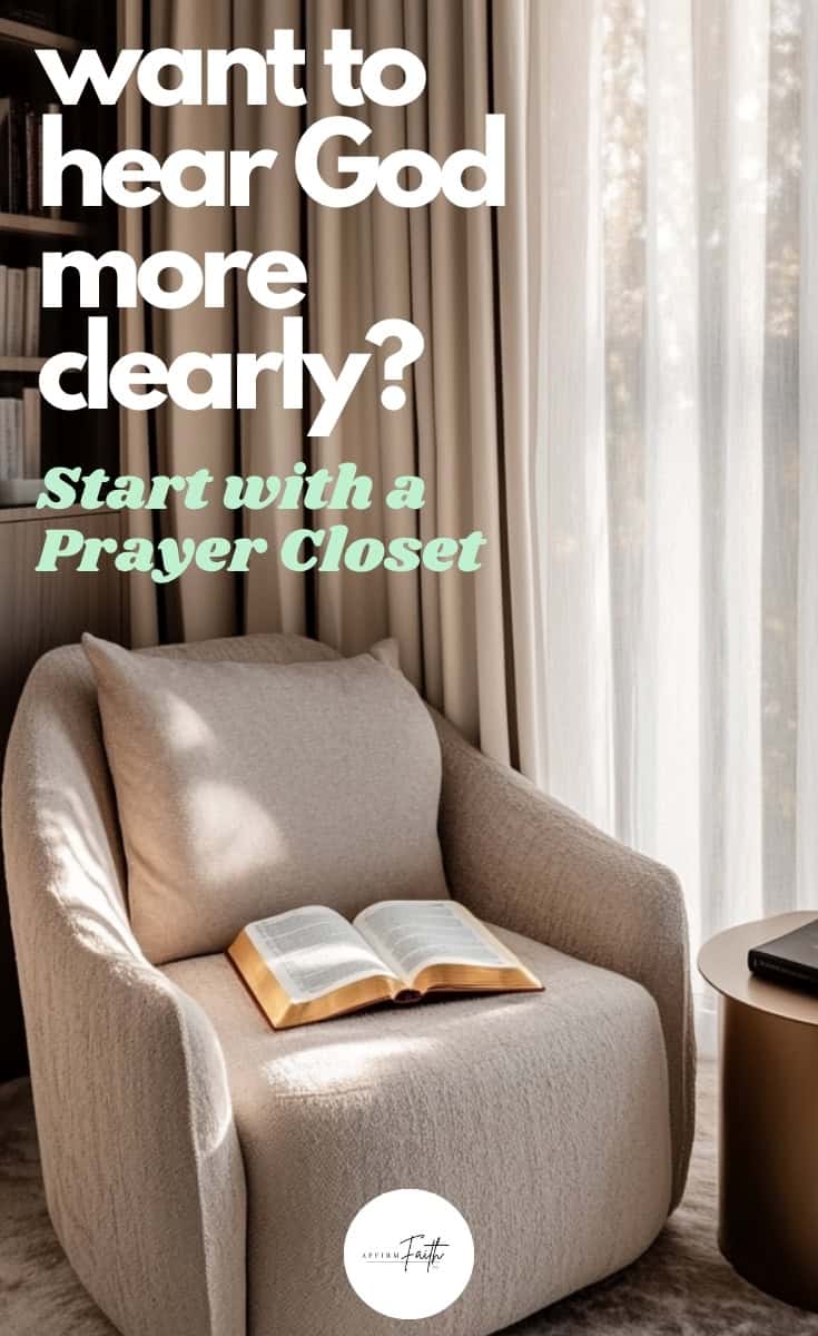 Cozy modern prayer closet setup with a beige armchair, open Bible resting on the seat, soft natural light coming through sheer curtains, and a rose gold side table—creating a peaceful space for quiet time with God.