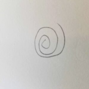 Simple pencil sketch of a spiral flower design for Bible journaling, showing a single freehand swirl shape as the flower base