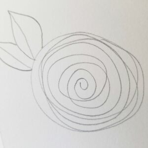 Bible journaling spiral flower sketch featuring layered pencil-drawn spirals forming a rose-like bloom with two simple leaves