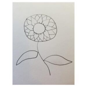 In progress pencil sketch of a sunflower for Bible journaling, featuring layered petals, stem, and leaves drawn with clean outlines