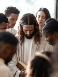 Jesus standing among a diverse group of followers, gently comforting them with a peaceful expression and an open Bible in hand—symbolizing encouragement, unity, and divine presence during hard times.