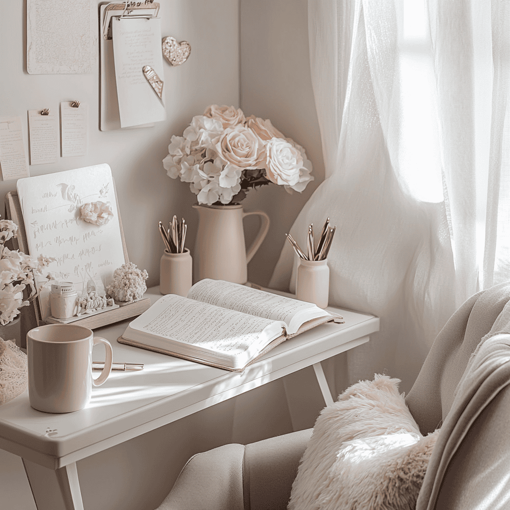 Feminine prayer corner with a rose gold-accented desk, open prayer journal, Scripture cards, soft floral décor, and a warm cup of coffee. Minimalist, peaceful setting for journaling and connecting with God.