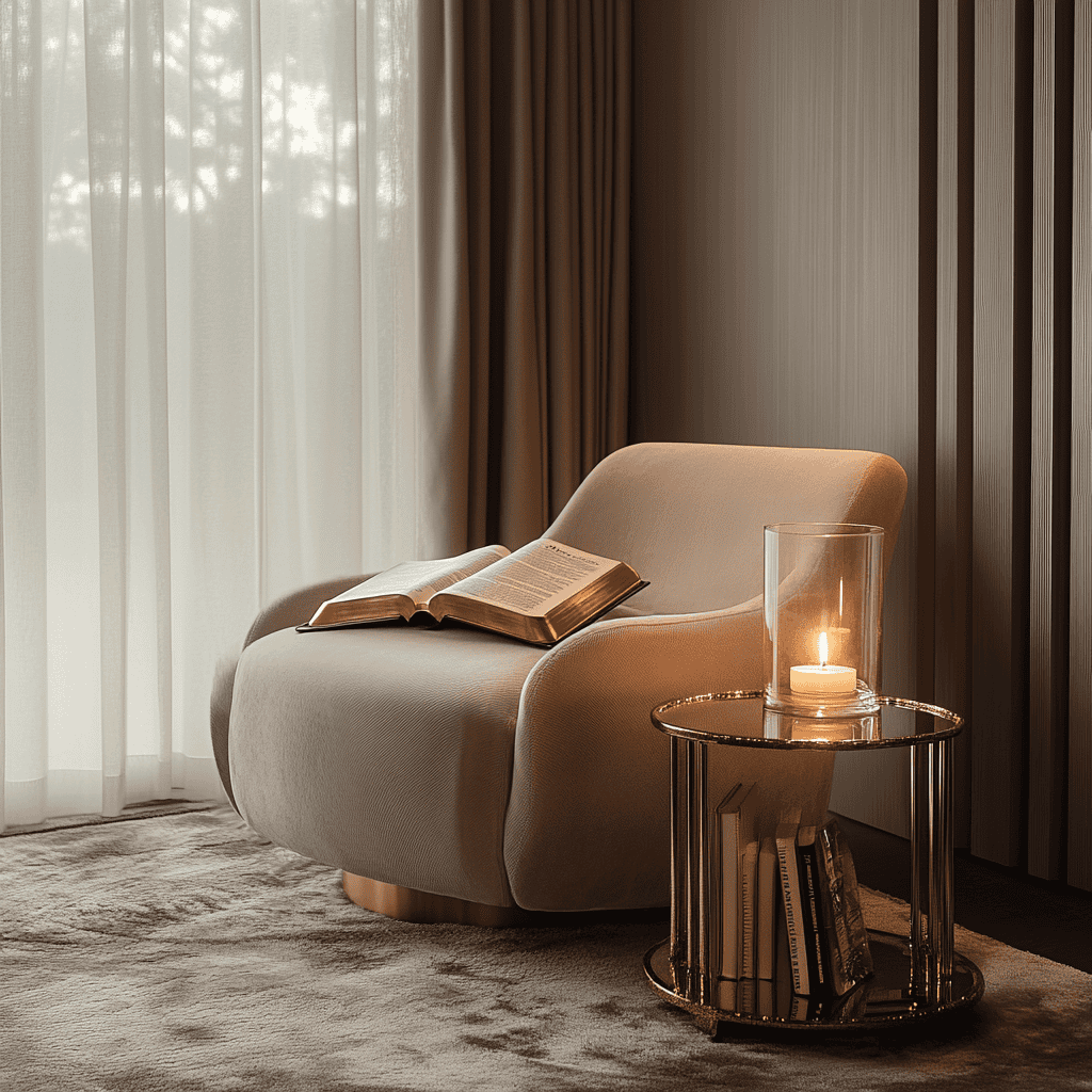 Elegant prayer room featuring a beige armchair, open Bible, rose gold accents, and a lit candle in a serene gray-toned space. Upscale, modern Christian environment for personal prayer and reflection.

