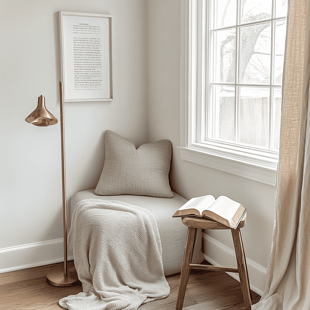 Modern minimalist prayer closet with a soft gray cushion, rose gold lamp, and open Bible on a small wooden stool. Cozy, calming space with a throw blanket and Scripture art, designed for quiet time with God.
