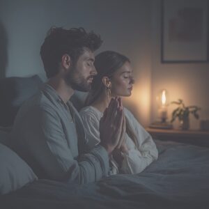 Married couple praying together at bedtime in a softly lit bedroom, symbolizing spiritual connection and intimacy through nightly couple prayers. How to Start Couple Prayer