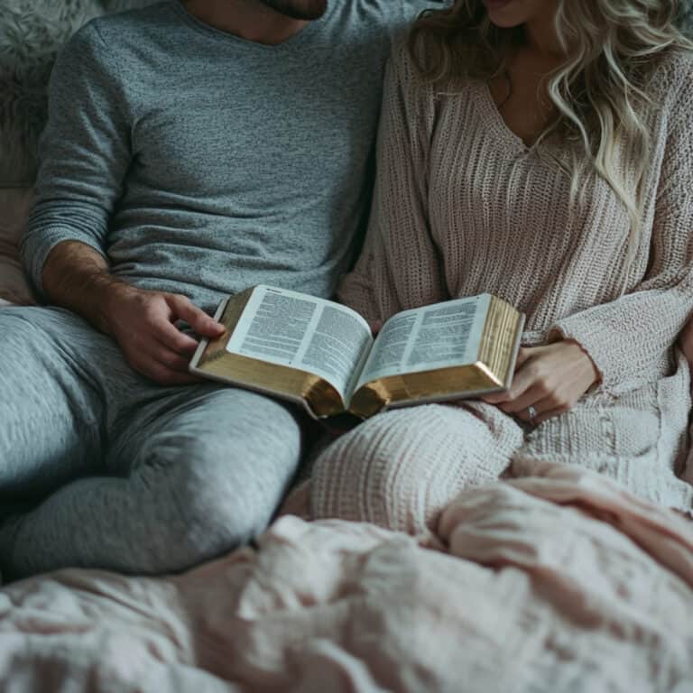 Couple sitting in bed reading the Bible together as part of their nightly routine of bedtime prayers for couples to strengthen spiritual connection and intimacy.