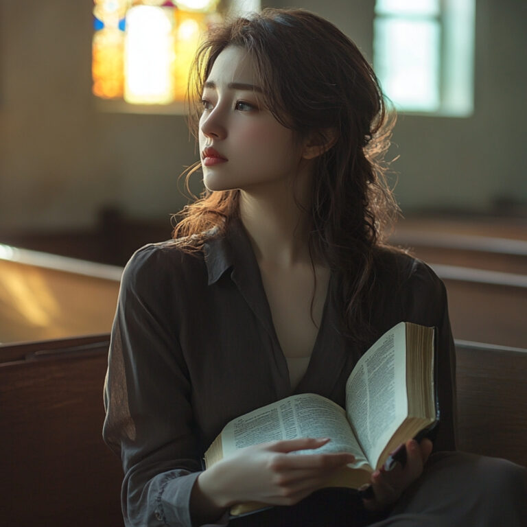 Thoughtful young woman sitting alone in a church pew, holding an open Bible with light streaming through stained glass windows, symbolizing quiet reflection and healing from church hurt.