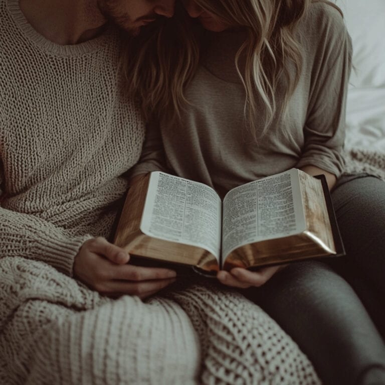 Young couple sitting closely on a cozy bed, holding an open Bible together, dressed in soft grey and rose gold-toned loungewear, symbolizing spiritual intimacy and connection through marriage prayers