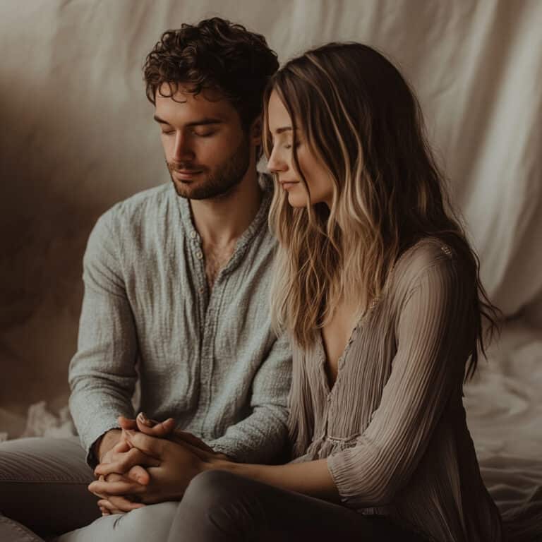 Couple sitting close together with eyes closed, holding hands in prayer, dressed in soft neutral tones, with warm, minimalistic lighting and natural textures. Intimate and peaceful visual for the blog post “Couple Prayers: 30 Prayers for Couples to Stay Together.”