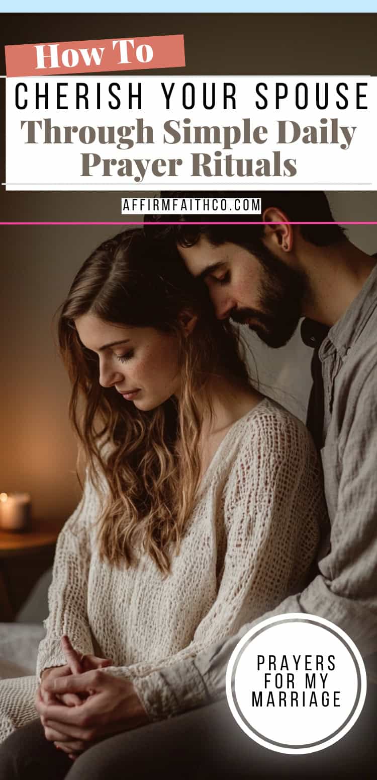 Young couple sitting together in peaceful prayer, eyes closed and hands gently intertwined, illustrating how to cherish your spouse through simple daily prayer rituals, with warm lighting and cozy neutral tones