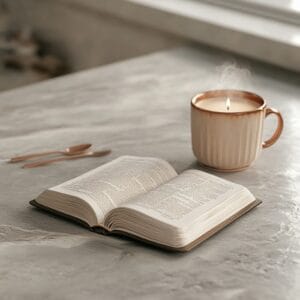 Upscale photo of a couple sitting together on a bed in soft lighting, holding hands in prayer with eyes closed, creating a peaceful and intimate moment; gray and rose gold bedroom accents in a minimalistic setting. Perfect visual for the blog post “30 Prayers for Couples to Stay Together.”