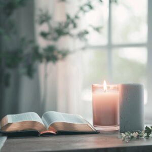 Open Bible with a rose gold ribbon, lit candle, and gray ceramic accent on a wooden table near a softly lit window, creating a peaceful prayer and meditation space for practicing Lectio Divina.